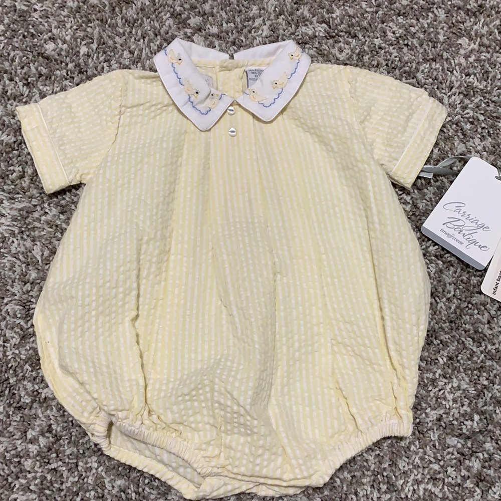 Yellow seersucker ducks romper